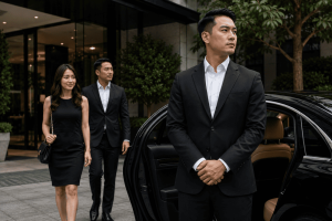 Professional bodyguard providing discreet executive protection in Bangkok city environment