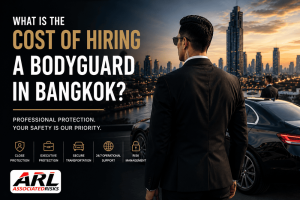 Professional bodyguard providing executive protection services in Bangkok, Thailand, standing beside a luxury vehicle with the Bangkok skyline in the background.