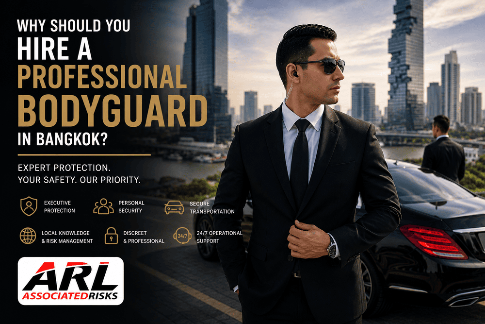 Professional bodyguard providing executive protection and personal security services in Bangkok, Thailand, with luxury transportation and city skyline backdrop.