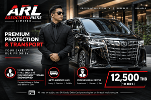 ARL Thai-English bodyguard and black Toyota Alphard with driver in Bangkok, Thailand