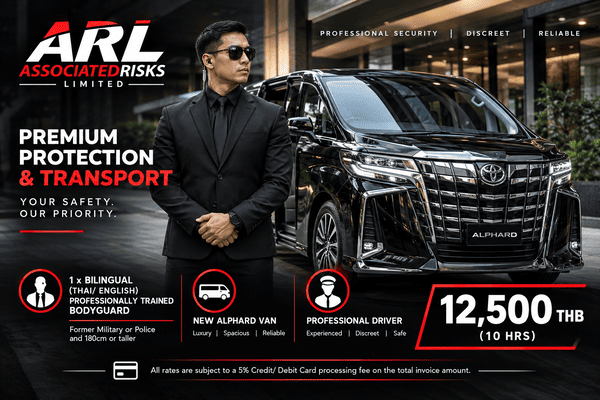 ARL Thai-English bodyguard and black Toyota Alphard with driver in Bangkok, Thailand
